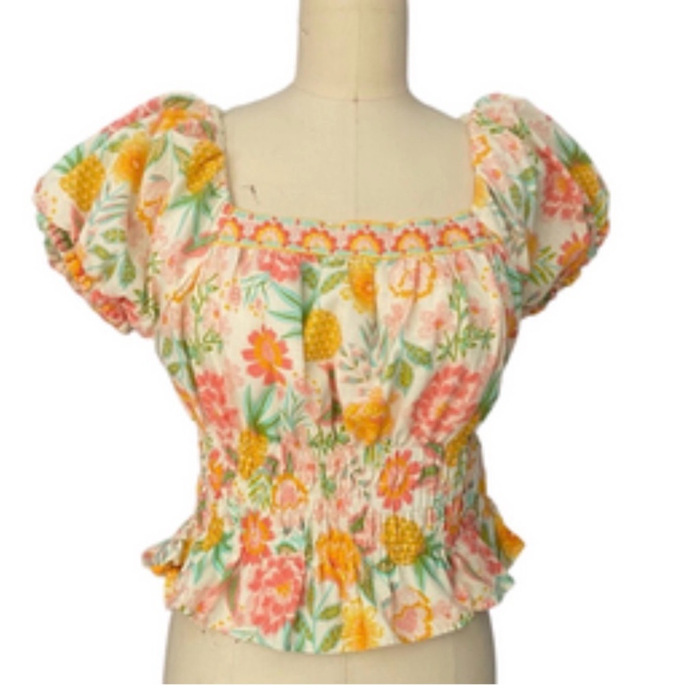 NWT Rachel Zoe Cream Pineapple Floral Puff Sleeve Smocked Crop Top Size 4, 6, 8
